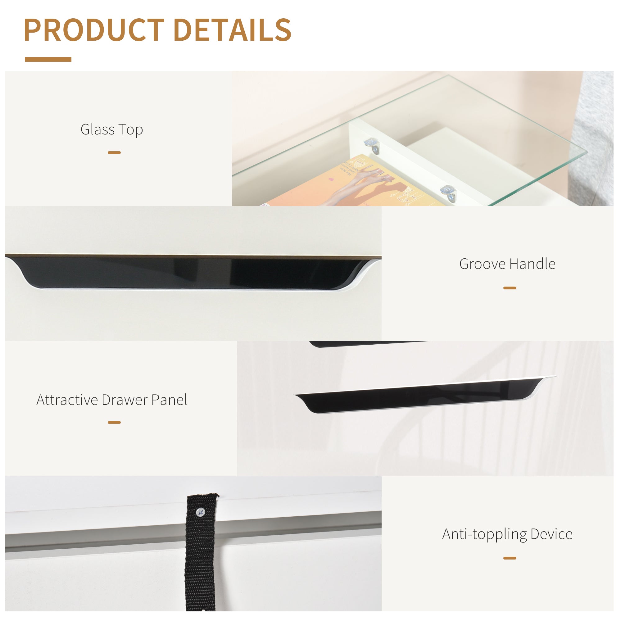 White homcom shoe cabinet with glass top black groove handle and two flip drawers for shoe storage