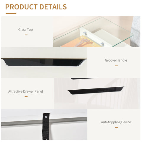 White homcom shoe cabinet with glass top black groove handle and two flip drawers for shoe storage