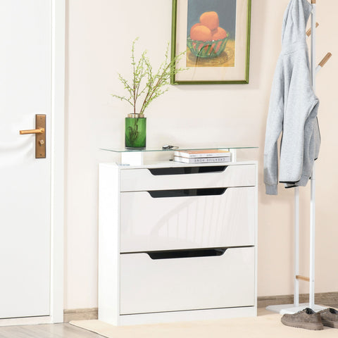 White gloss finish shoe cabinet with three drawers and black handles for stylish shoe storage and organization