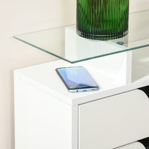 A sleek smartphone on a white homcom shoe cabinet with two flip doors, slide out drawer, and tempered glass top