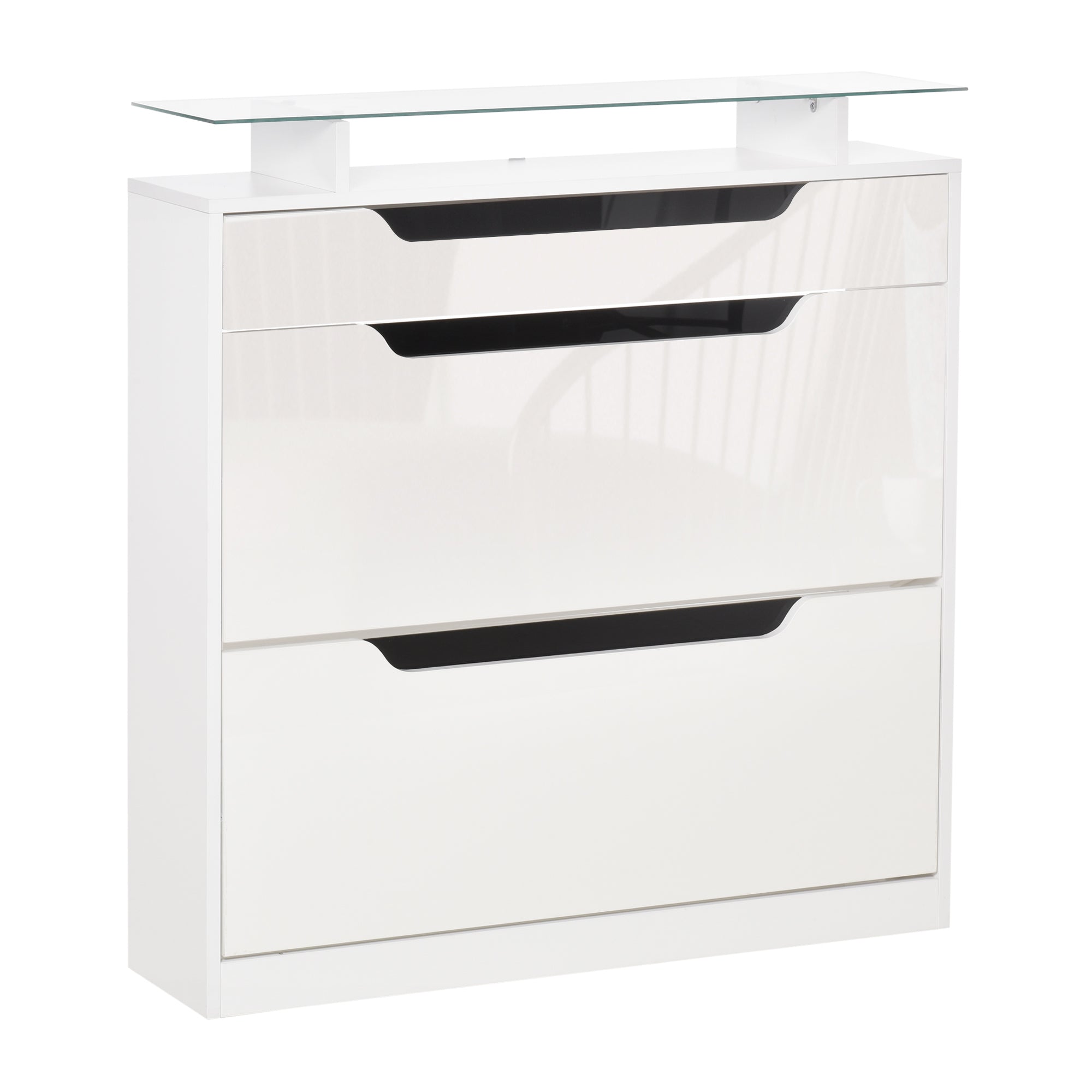 White high gloss shoe cabinet with two flip drawers black handles and tempered glass top for shoe storage
