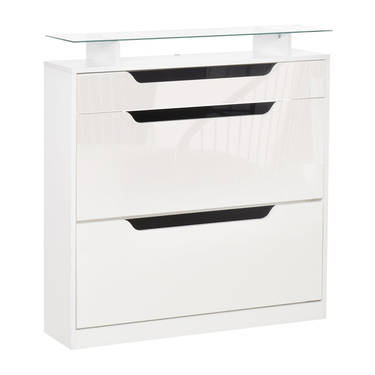 White high gloss shoe cabinet with two flip drawers black handles and tempered glass top for shoe storage