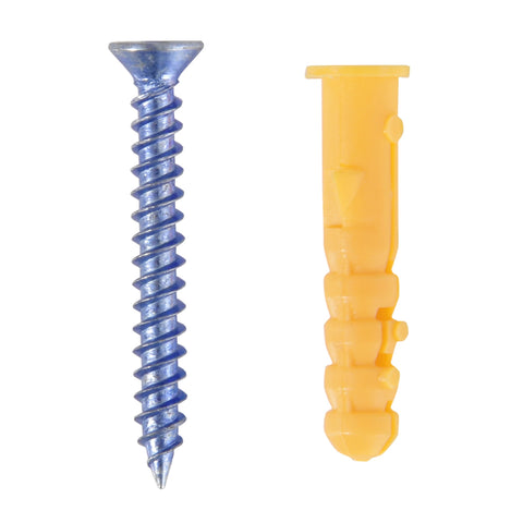 Blue metal screw next to yellow plastic wall anchor for assembling white homcom shoe cabinet with two flip drawers