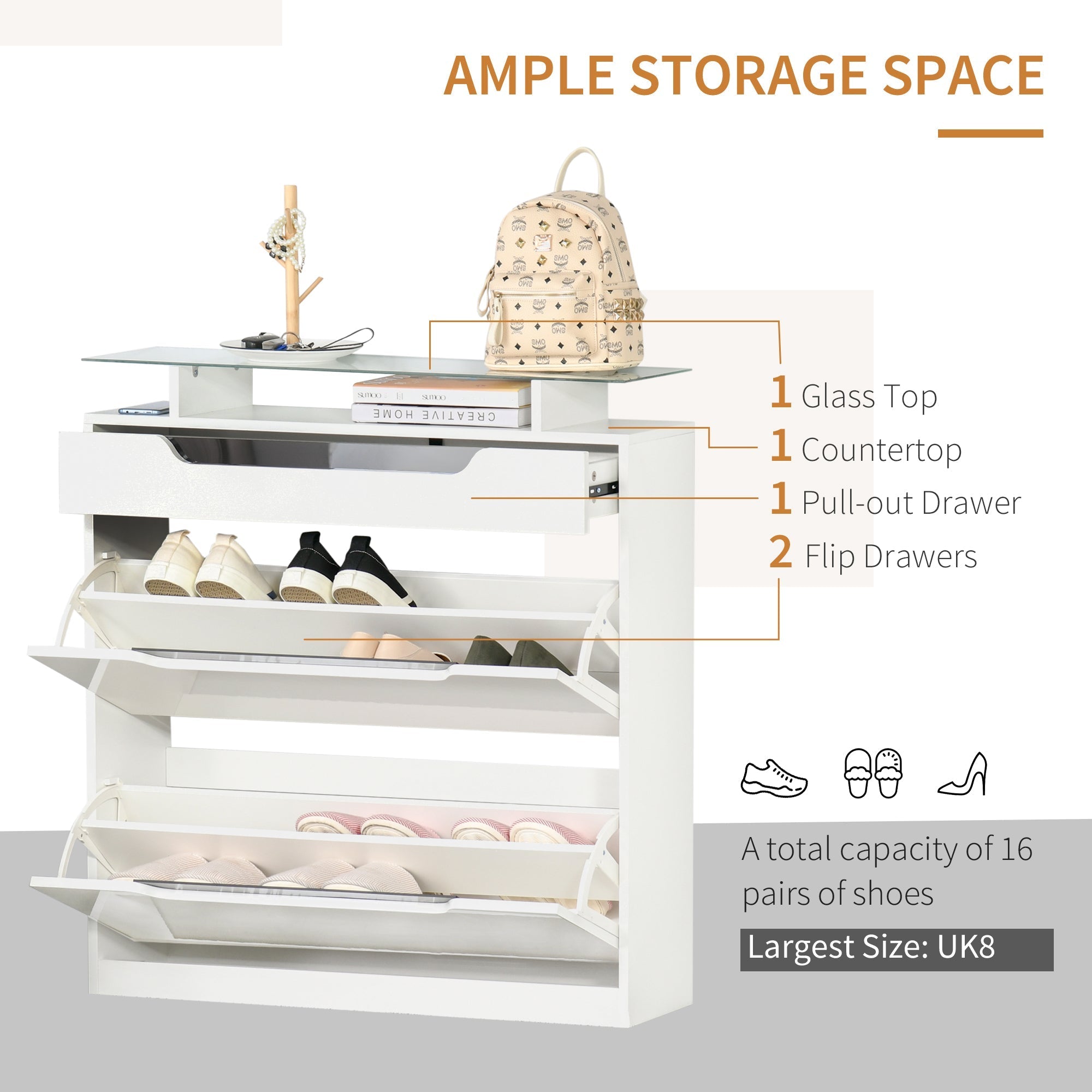 White HOMCOM shoe cabinet with two flip drawers, tempered glass top, and adjustable shelves for 16 pairs of shoes
