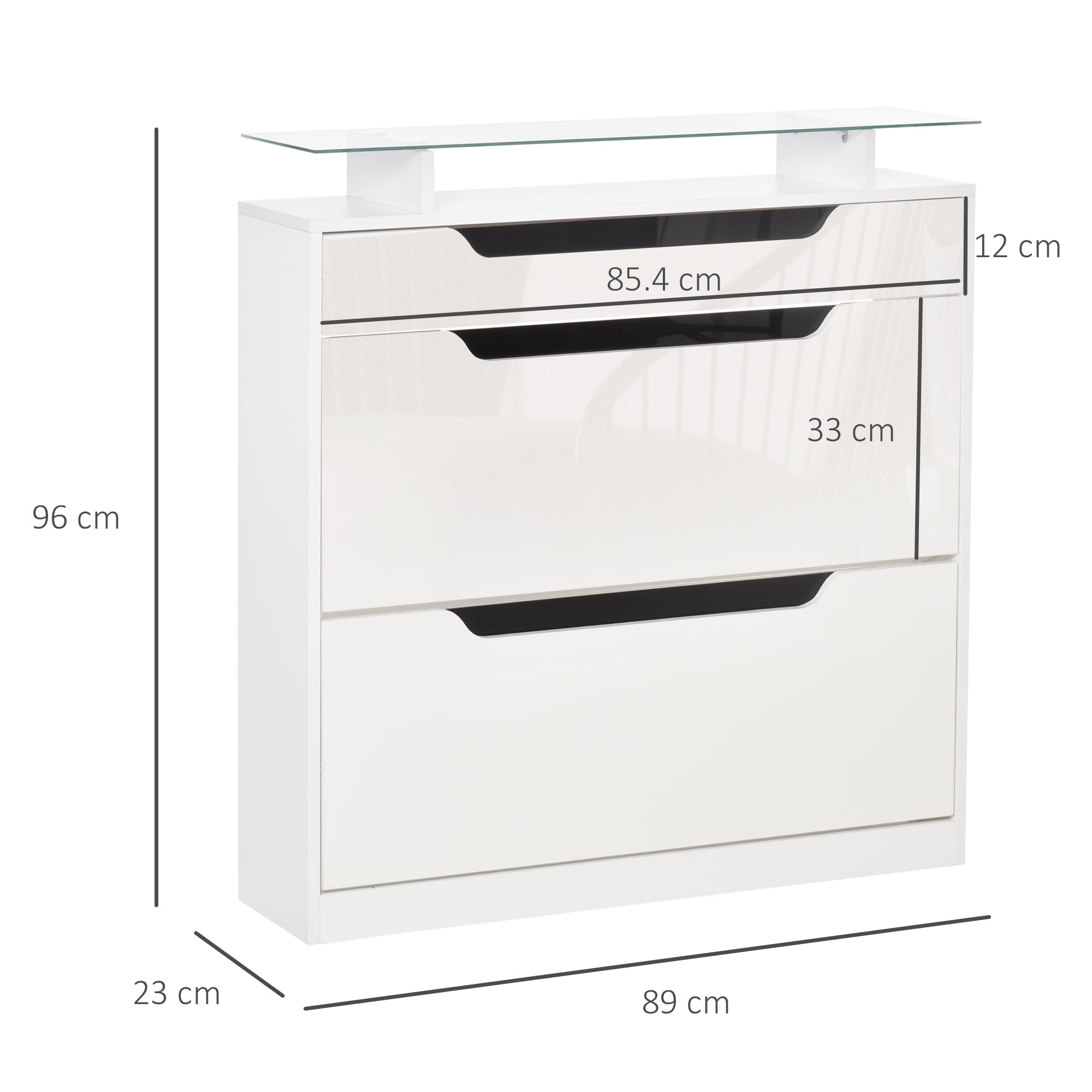 White gloss finish HOMCOM shoe cabinet with two flip doors, slide out drawer, glass top, and adjustable shelves