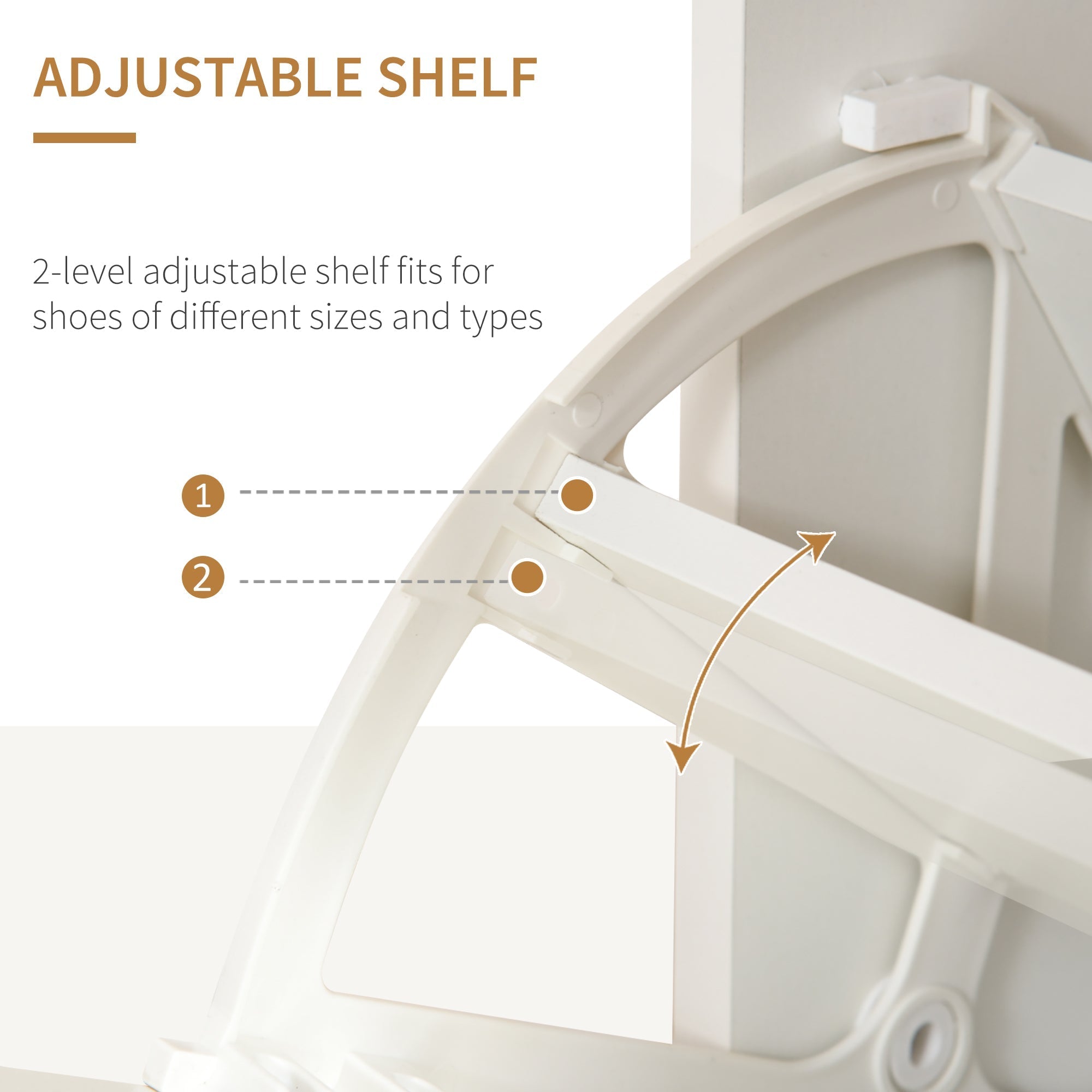 White plastic adjustable shoe cabinet with two flip drawers and two levels for organizing different shoe types