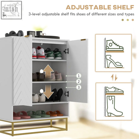 White homcom shoe cabinet with gold metal legs and chevron door stores up to 12 shoe pairs with adjustable shelves