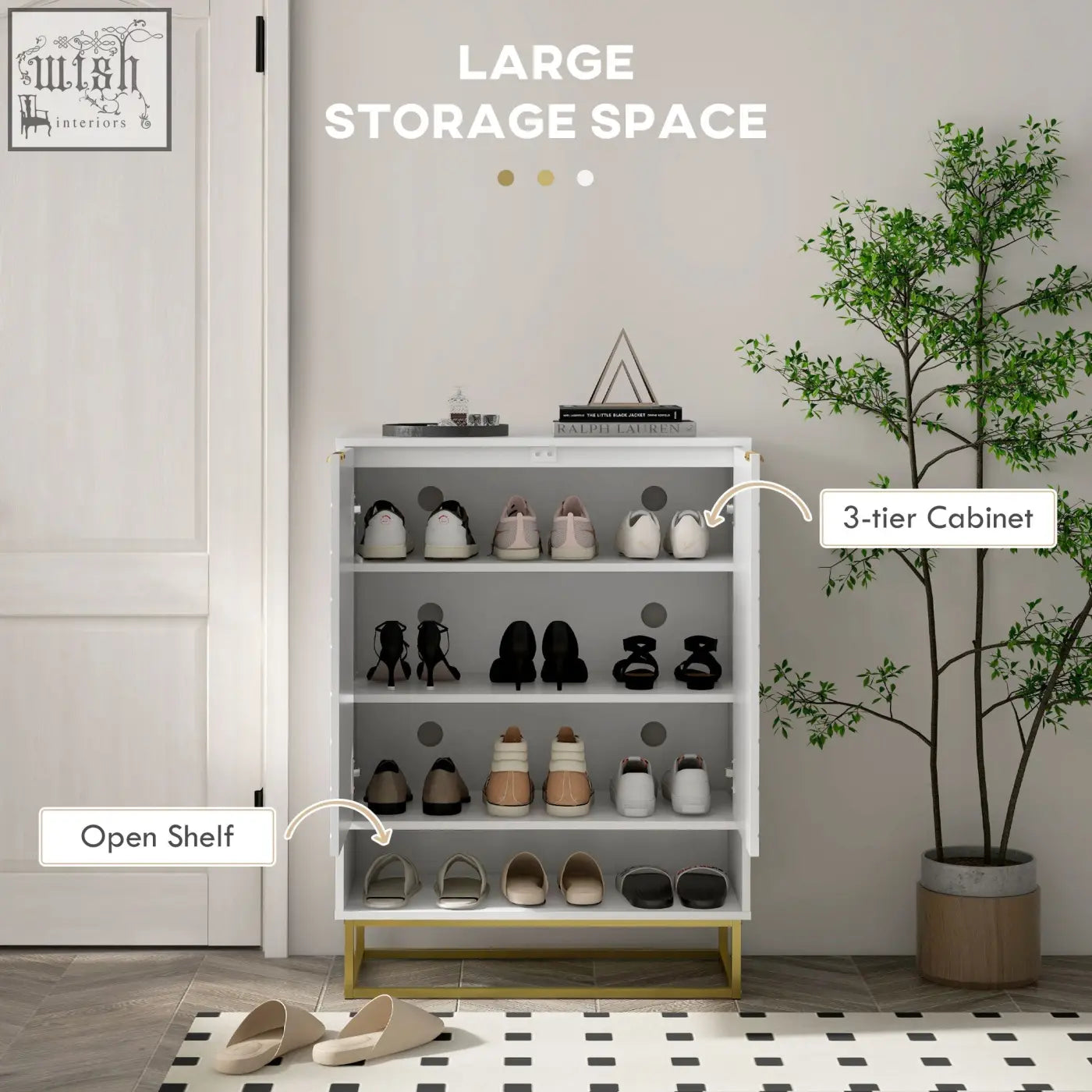 White homcom shoe cabinet with 3 tiers gold metal legs and open shelves holds 12 pairs of shoes neatly