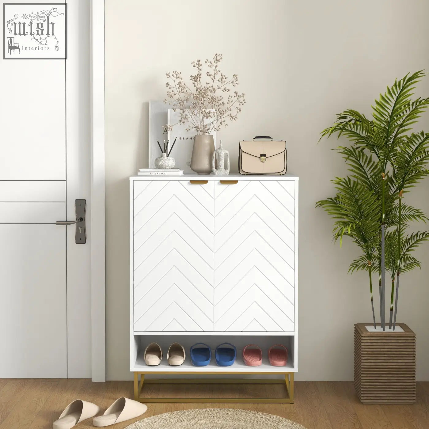 White chevron patterned homcom shoe cabinet with gold legs handles holds 12 shoe pairs with adjustable shelves and vents