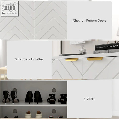 White homcom shoe cabinet with chevron pattern doors gold handles and storage for 12 pairs of shoes