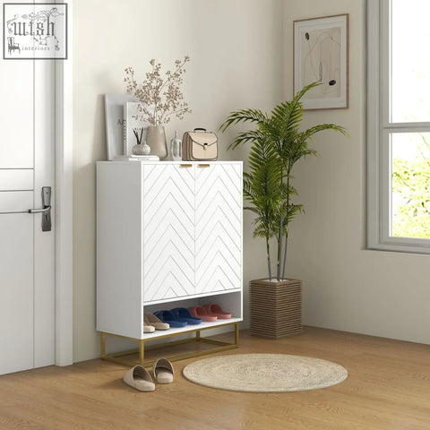 White chevron-patterned homcom shoe cabinet with gold-tone legs handles holds 12 shoe pairs with adjustable shelves