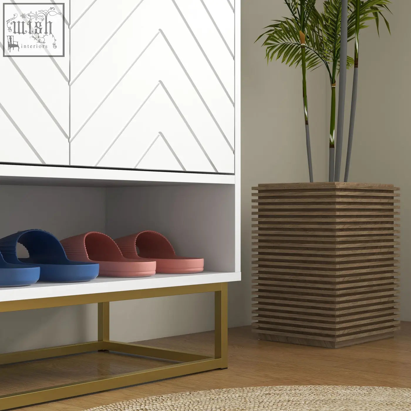 Blue and pink rubber slide sandals on a modern white homcom shoe cabinet with gold legs and adjustable shelves