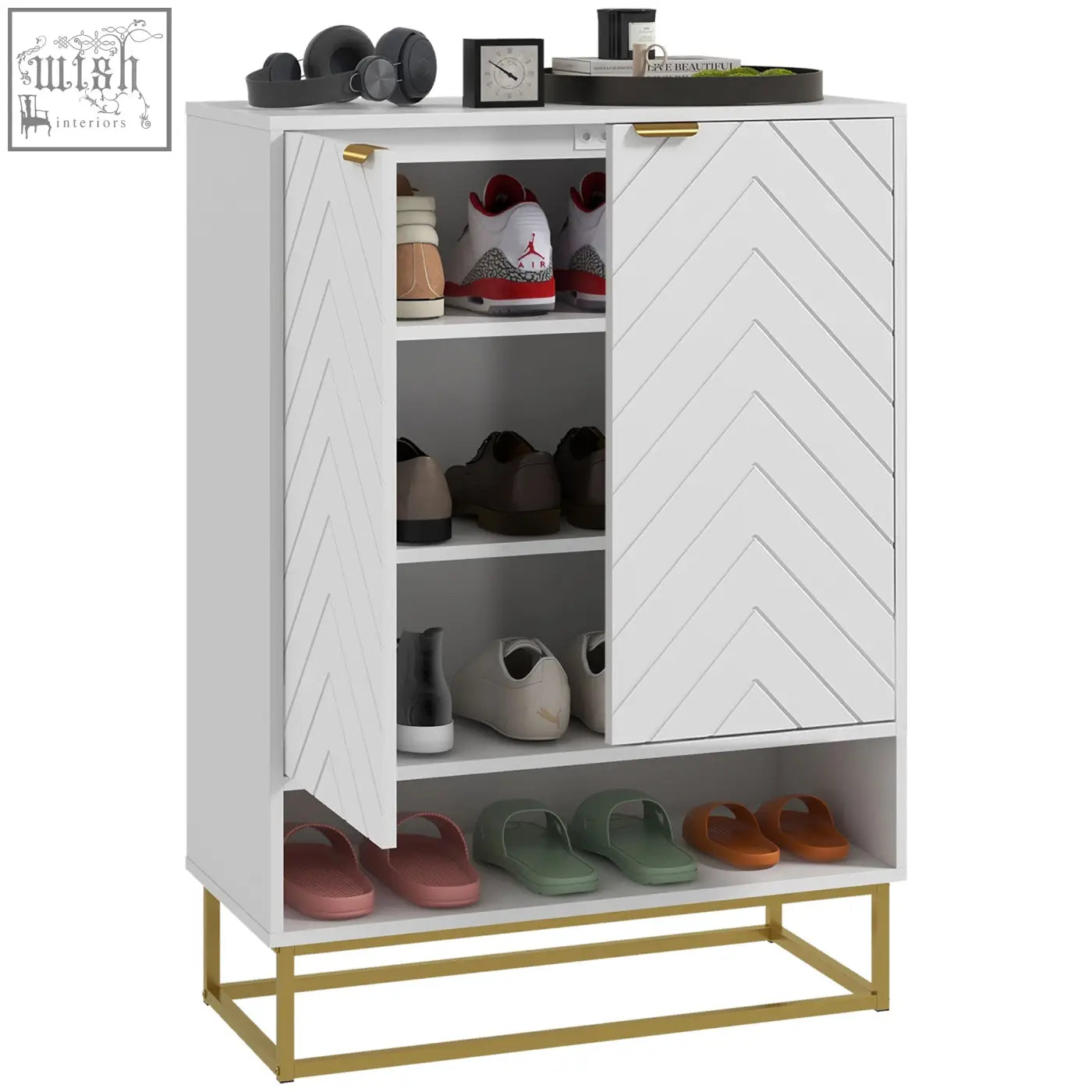 Homcom shoe cabinet in white with chevron-patterned doors and gold metal legs holds 12 pairs of shoes easily