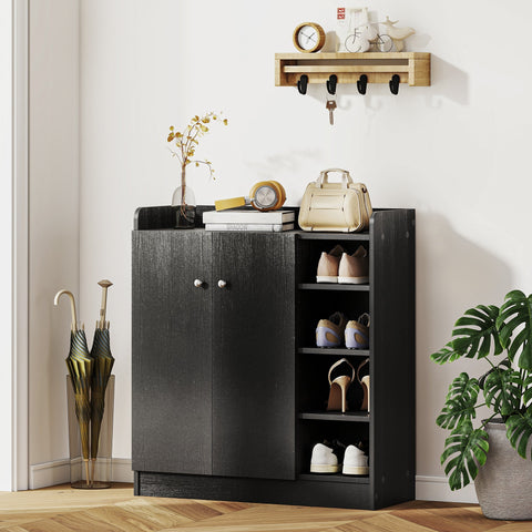 Black wooden shoe cabinet with two doors open shelving aluminium alloy handles adjustable shelves by HOMCOM
