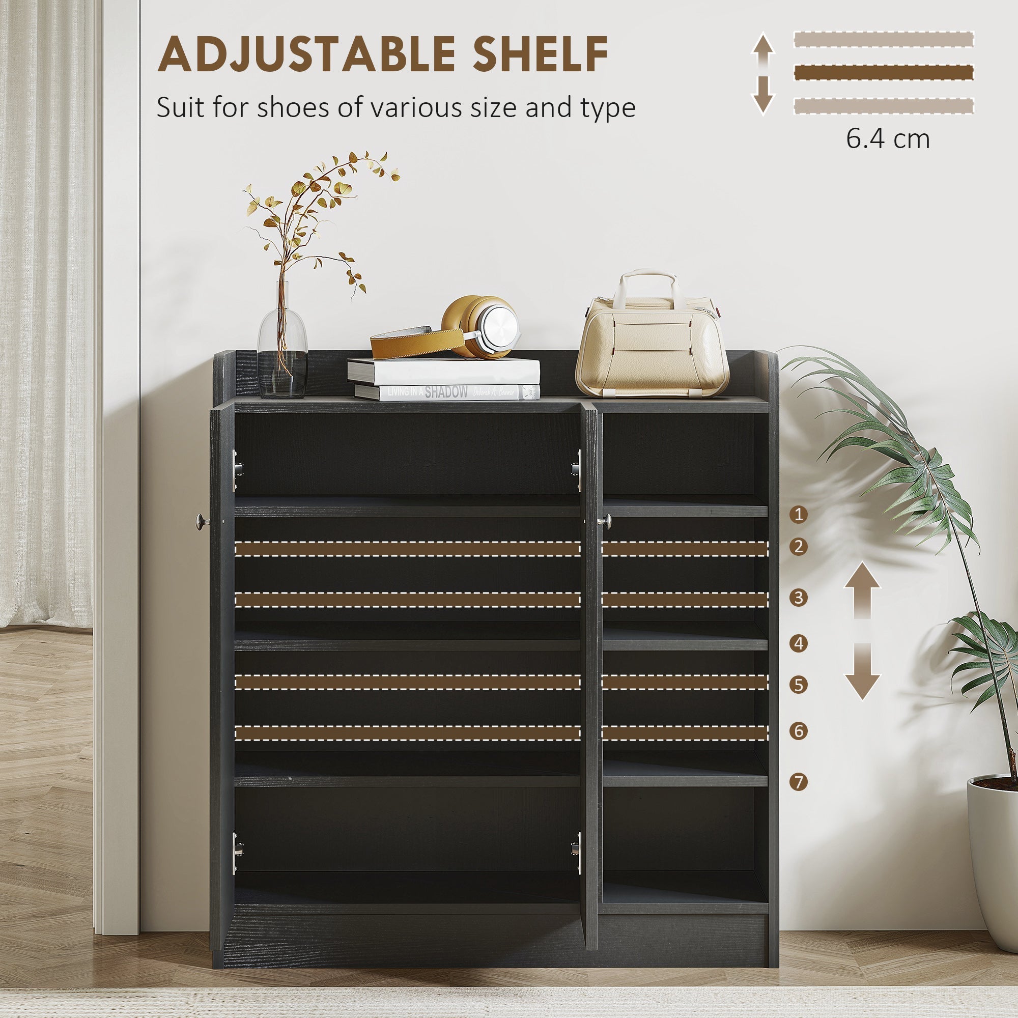 Black HOMCOM shoe cabinet with adjustable shelves and brown wooden strips features durable aluminium alloy handles