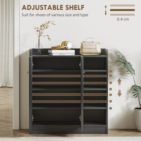 Black HOMCOM shoe cabinet with adjustable shelves and brown wooden strips features durable aluminium alloy handles