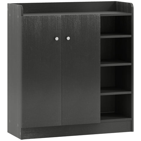 Black wood-grain homcom shoe cabinet with two doors three open shelves and aluminium alloy handles for storage