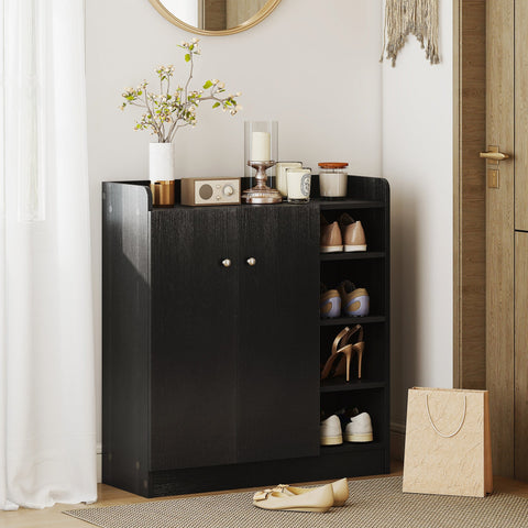Black wooden shoe cabinet with two doors, adjustable shelves, and aluminium alloy handles for shoe storage by HOMCOM