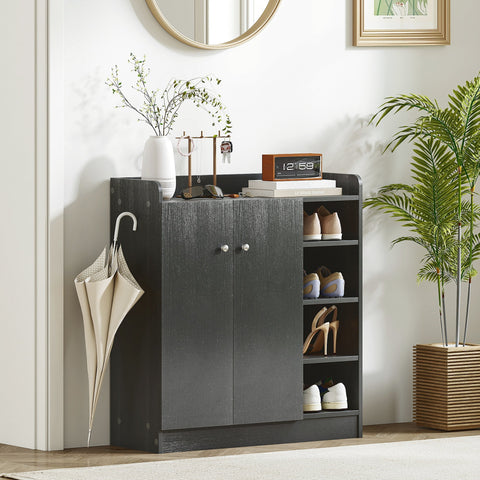 Dark gray wood-grain shoe cabinet with aluminium alloy handles, two doors, and open shelving by HOMCOM