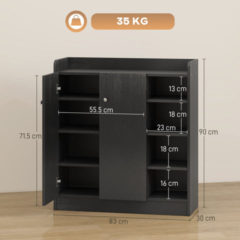 Black wooden shoe cabinet with sliding doors aluminium alloy handles and multiple adjustable shelves for storage