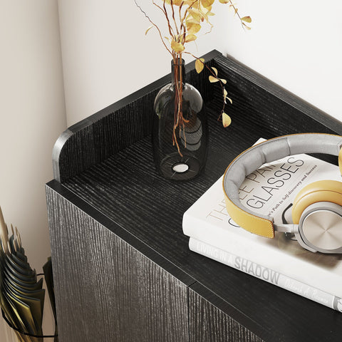 Dark glass vase with dried golden foliage on black homcom shoe cabinet with adjustable shelves and aluminium alloy handles