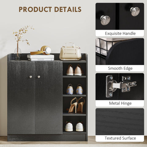 Black textured wood homcom shoe cabinet with aluminium alloy handles and metal hinges features adjustable shelves