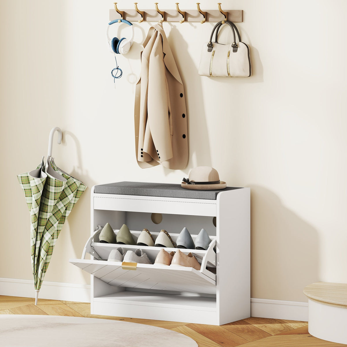 White homcom shoe bench with padded gray seat and open storage showing 5 pairs of shoes inside for entryway use