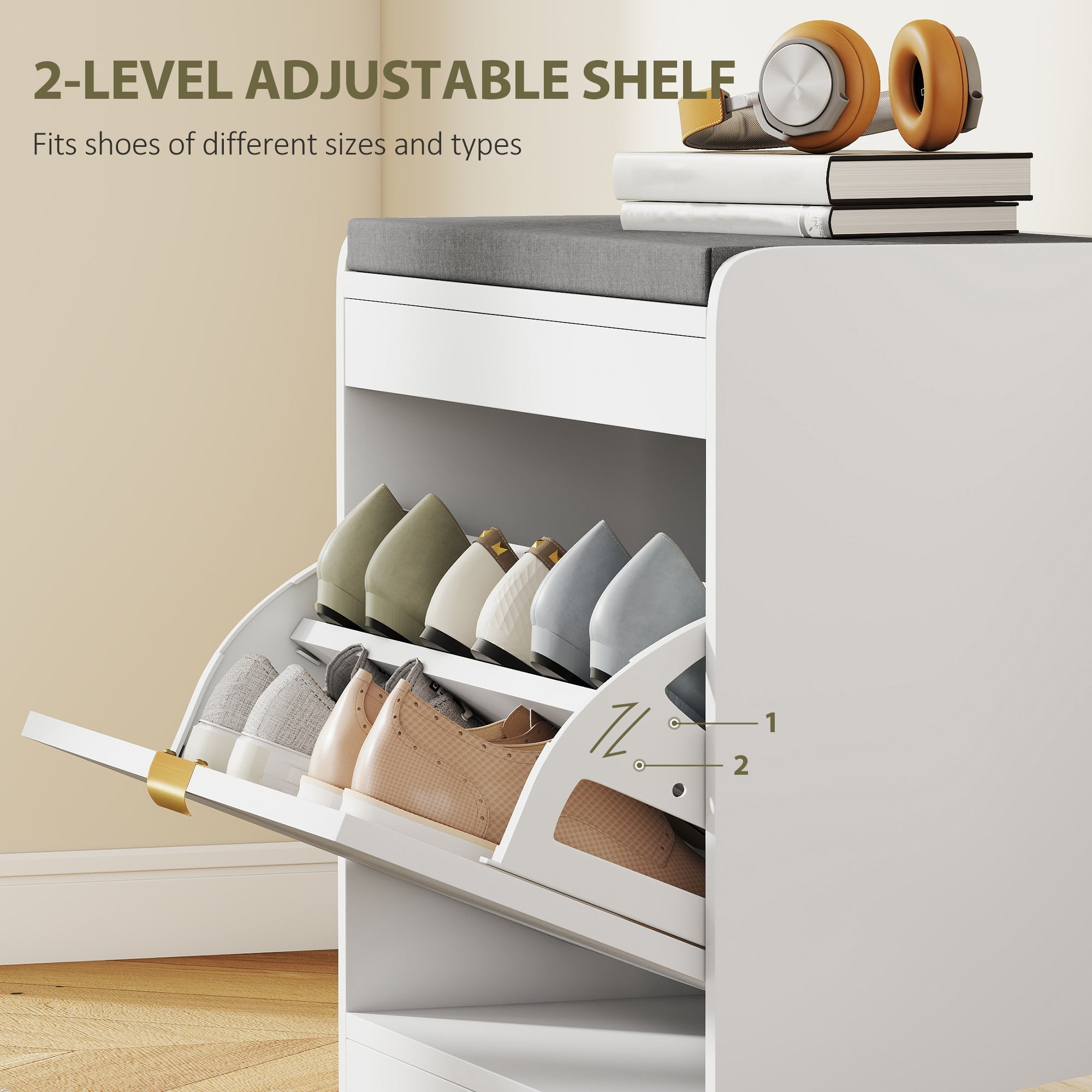 White homcom shoe bench with two levels, gold-tone hardware, gray cushioned top, and space for five pairs of shoes