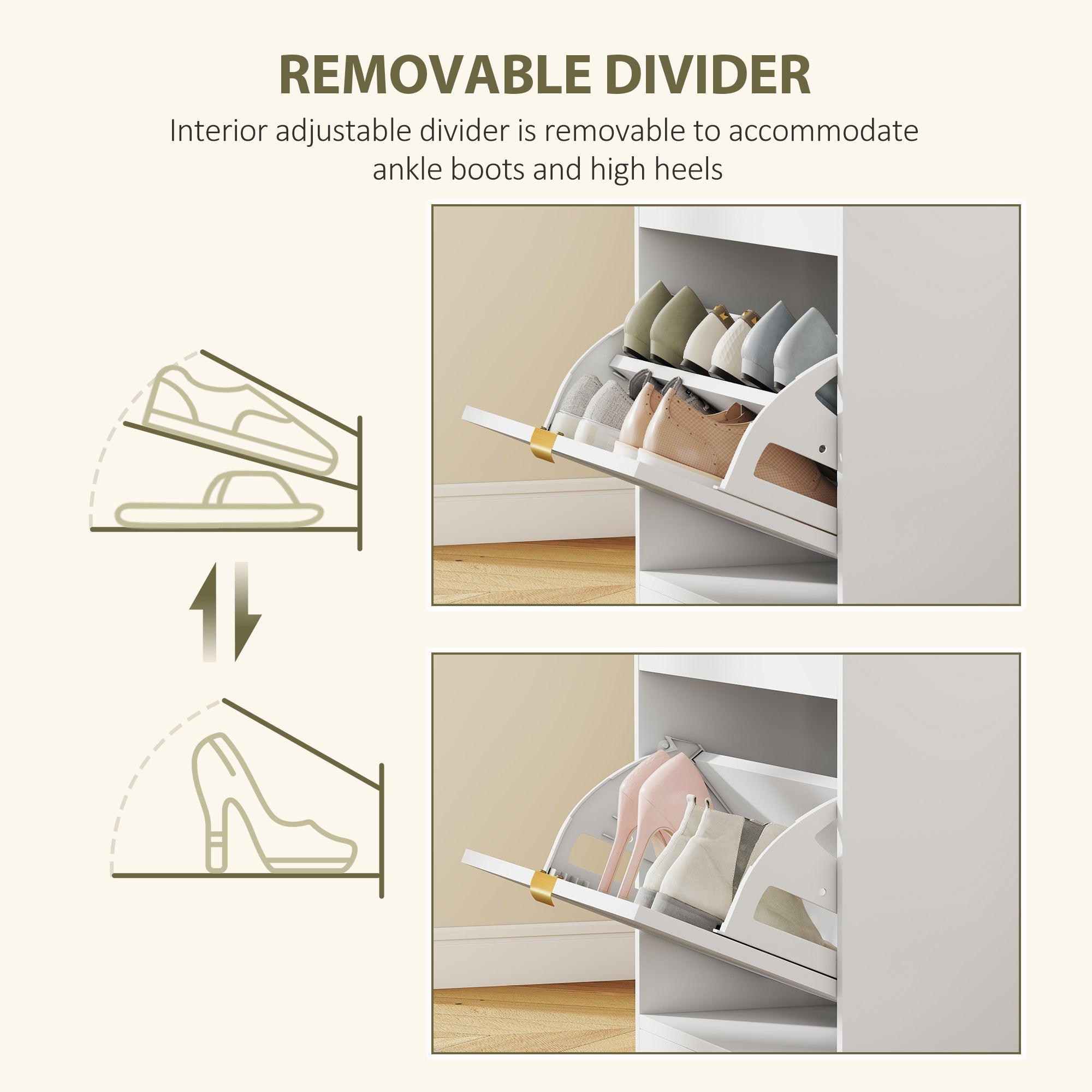 White adjustable homcom shoe bench with removable divider for ankle boots and high heels holds five pairs