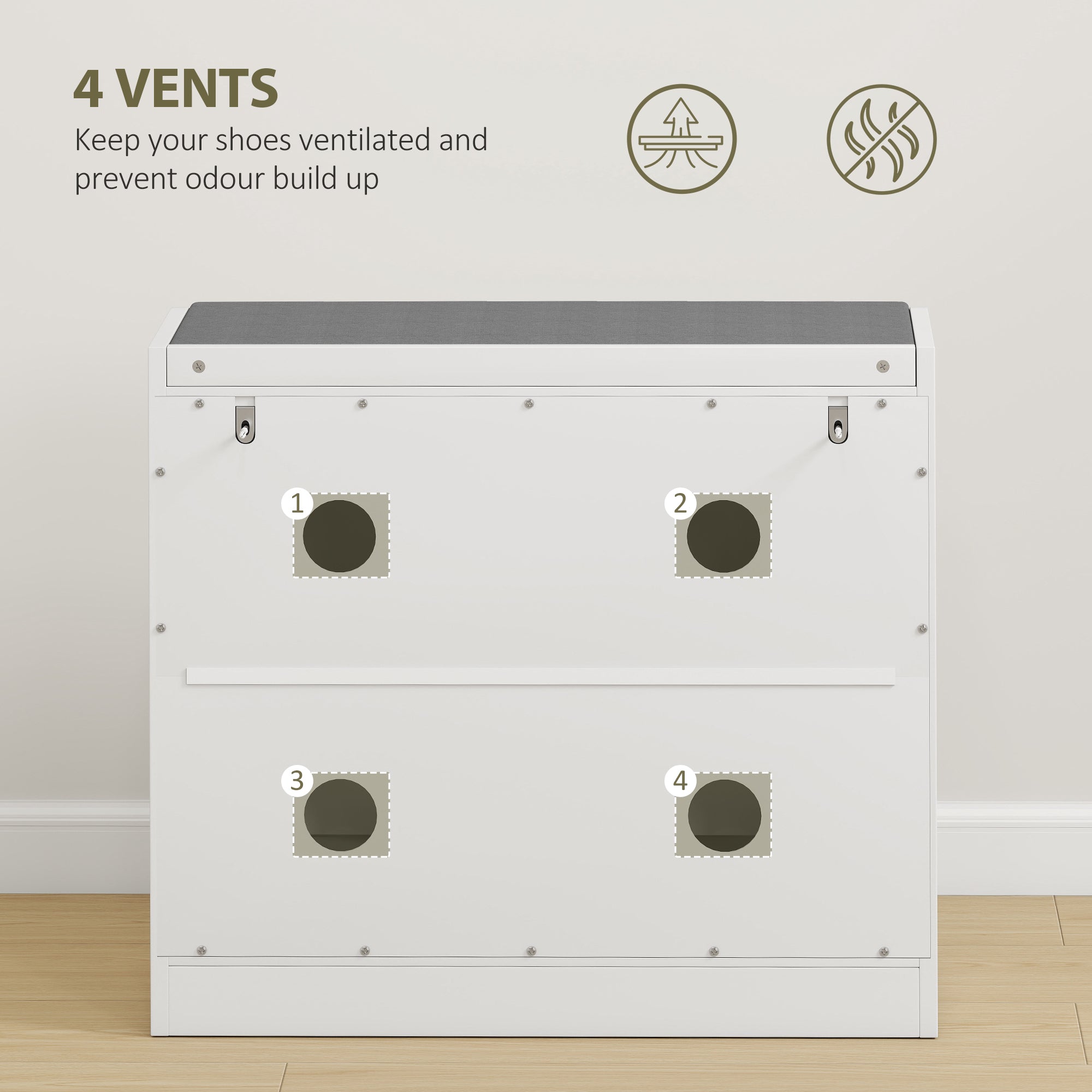 White homcom shoe bench with padded seat two tiers and four circular vents to store and ventilate shoes