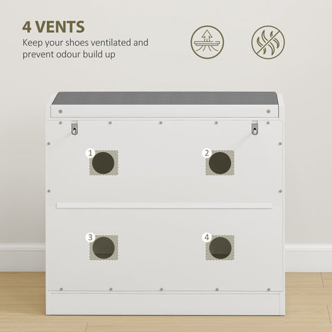 White homcom shoe bench with padded seat two tiers and four circular vents to store and ventilate shoes