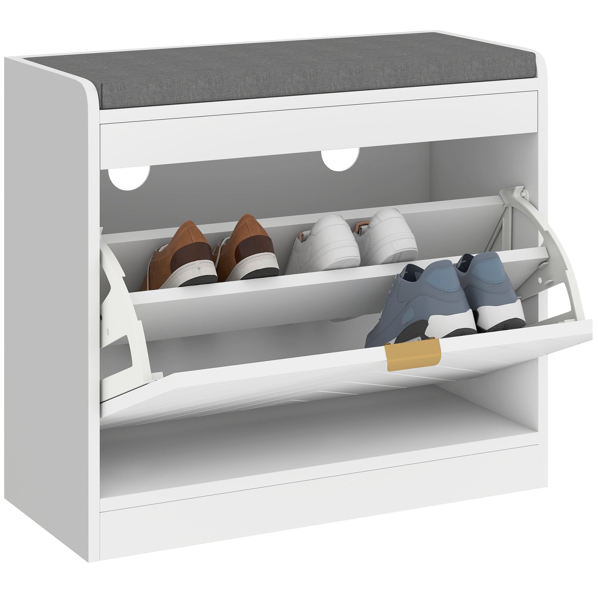 White shoe bench with gray upholstered top and two pull-out shelves holding five pairs in homcom shoe storage design