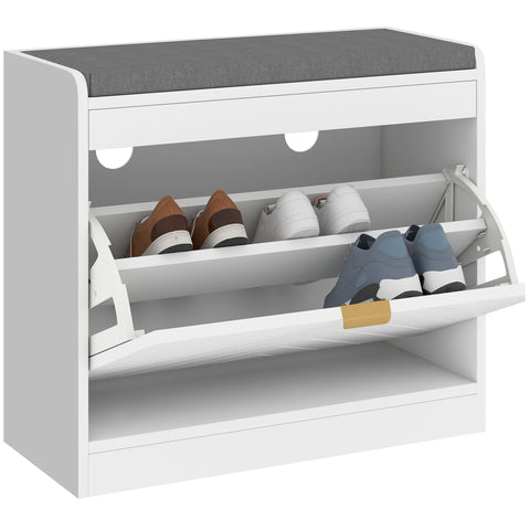 White shoe bench with gray upholstered top and two pull-out shelves holding five pairs in homcom shoe storage design