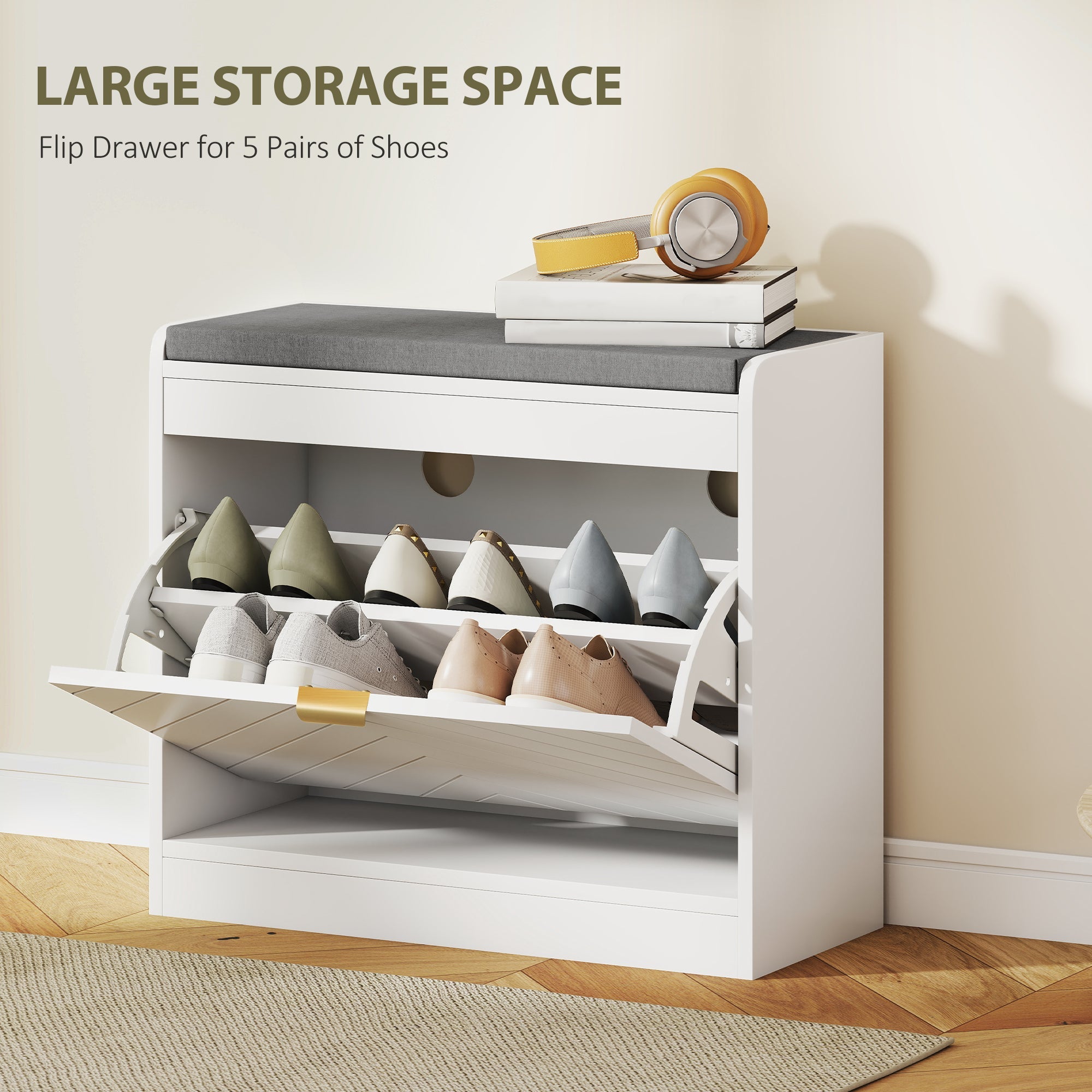 White wooden homcom shoe bench with gray padded seat and flip-out drawer holds shoes for entryway storage