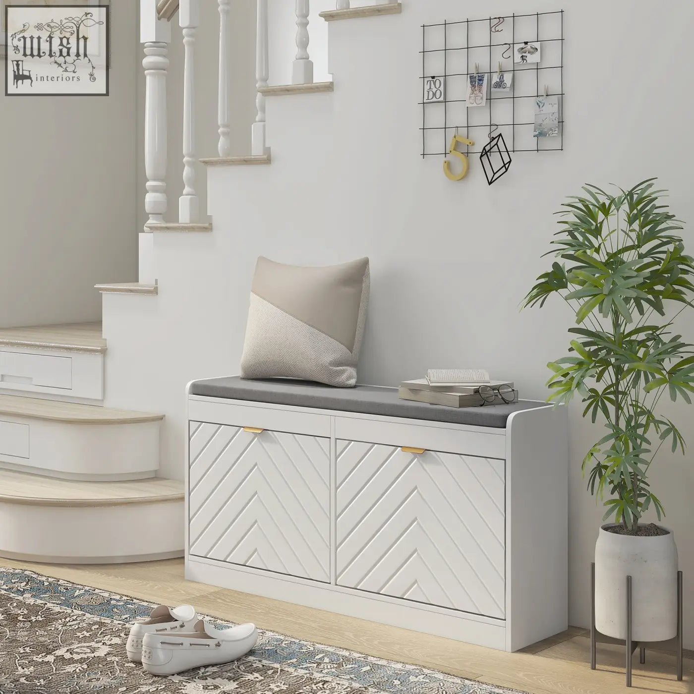 White chevron patterned homcom shoe storage bench with gray cushion gold handles and 2 flip drawers for 8 pairs of shoes