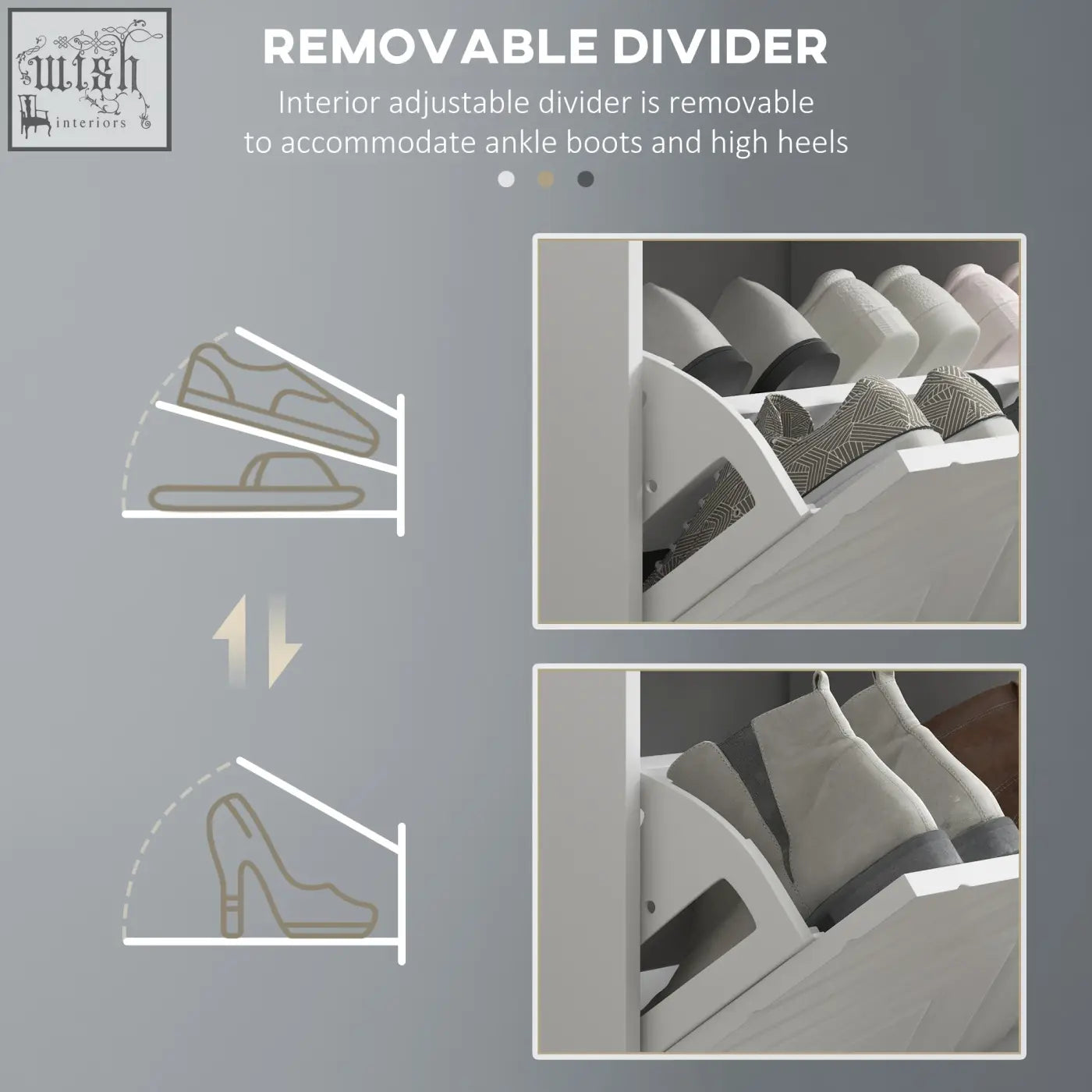 White plastic removable shoe divider with adjustable slots for ankle boots and heels in homcom shoe storage bench
