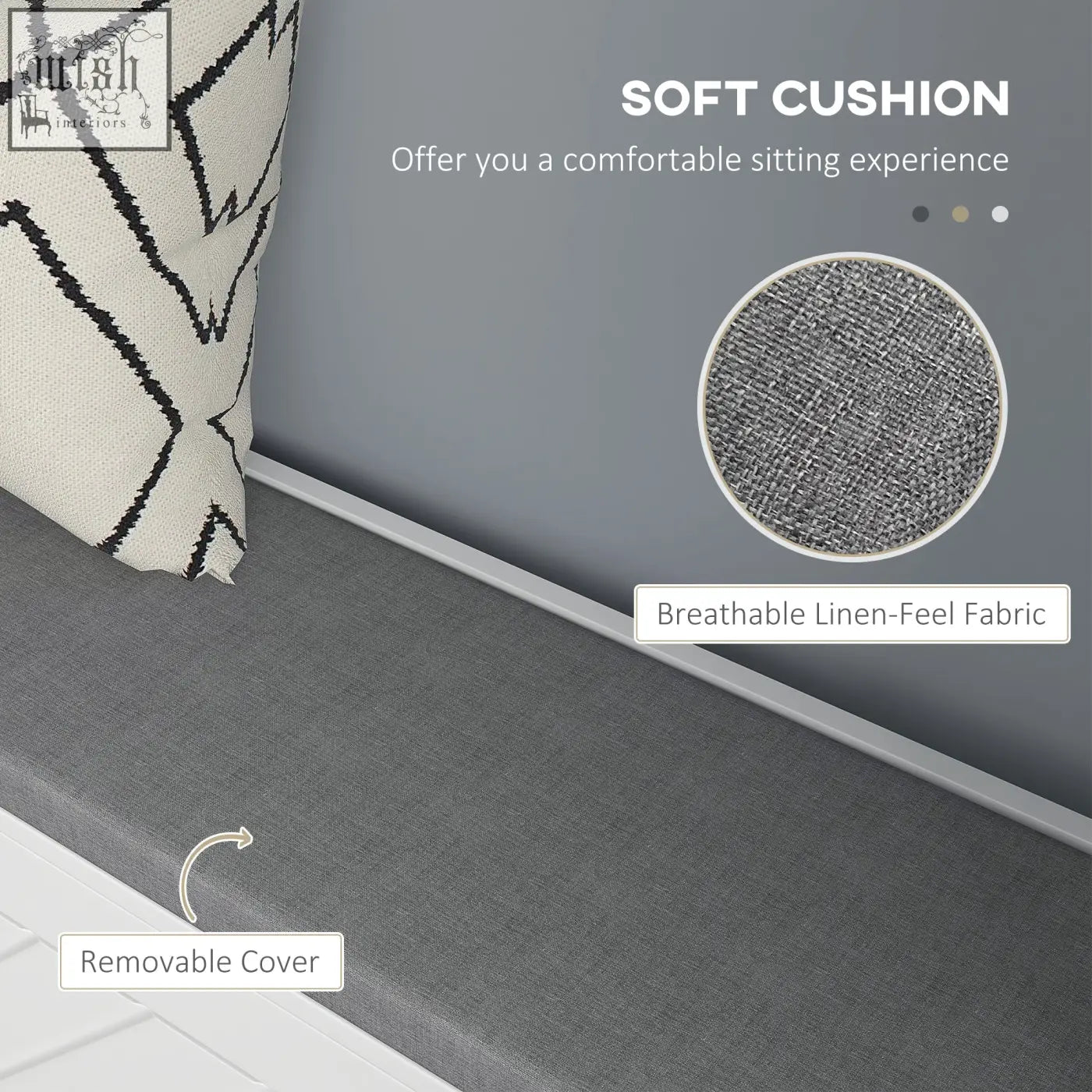 Gray cushion with breathable linen-feel removable cover on homcom shoe storage entryway bench with flip drawers and vents
