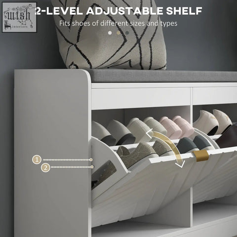 White two-level homcom shoe storage bench with gray upholstered seat and gold sliding shoe drawers for 8 pairs
