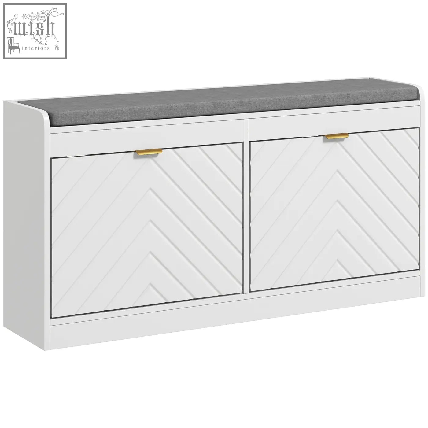 White homcom shoe storage bench with gray upholstered seat, two chevron panel doors, gold handles, and flip drawers for shoes