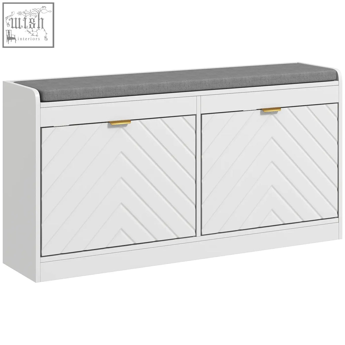 White homcom shoe storage bench with gray upholstered seat, two chevron panel doors, gold handles, and flip drawers for shoes