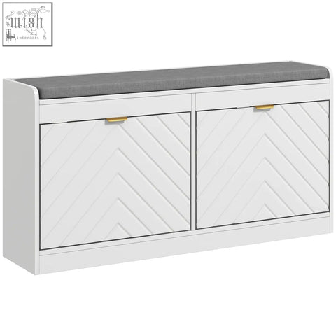 White homcom shoe storage bench with gray upholstered seat, two chevron panel doors, gold handles, and flip drawers for shoes