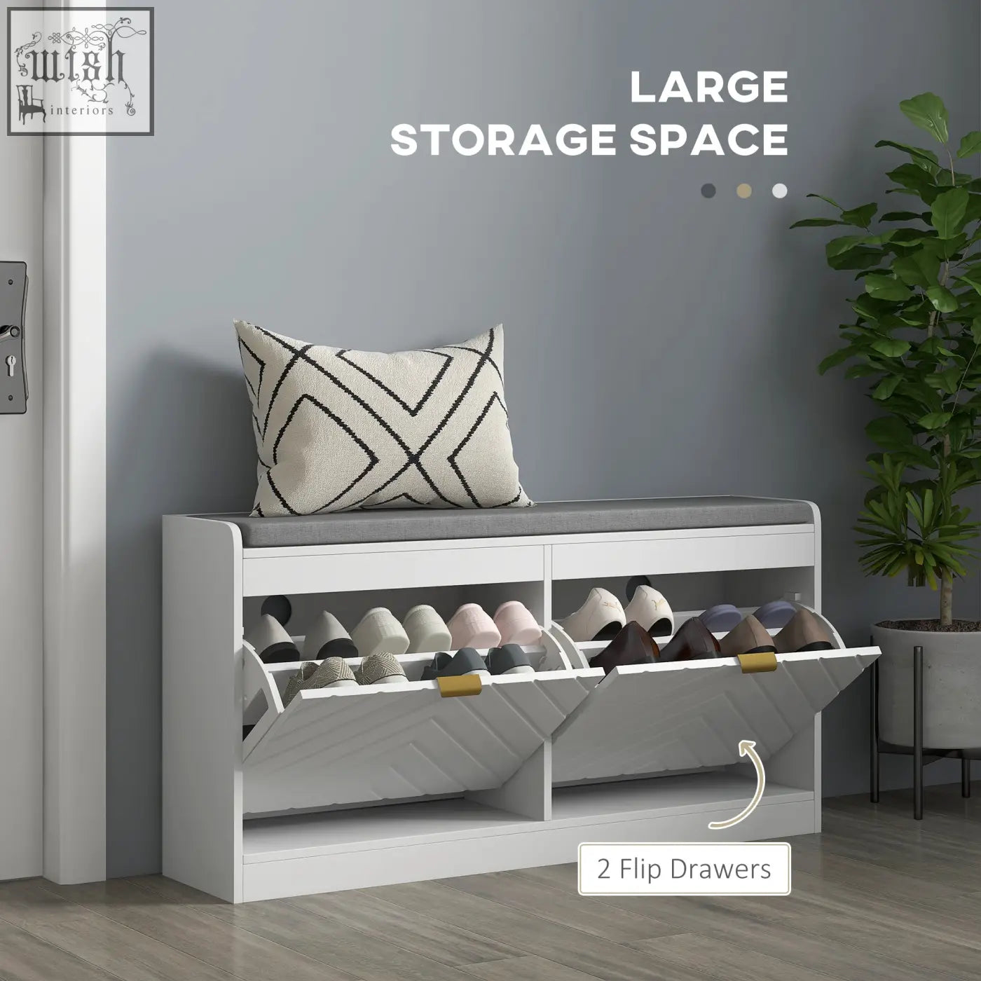 White wooden homcom shoe storage bench with gray upholstered seat and 2 flip drawers holding various shoes