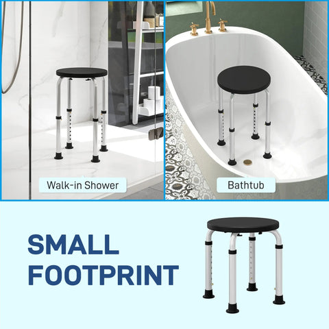 Black HOMCOM shower stool with adjustable height, padded seat, silver aluminum legs, and non-slip suction pads for safety