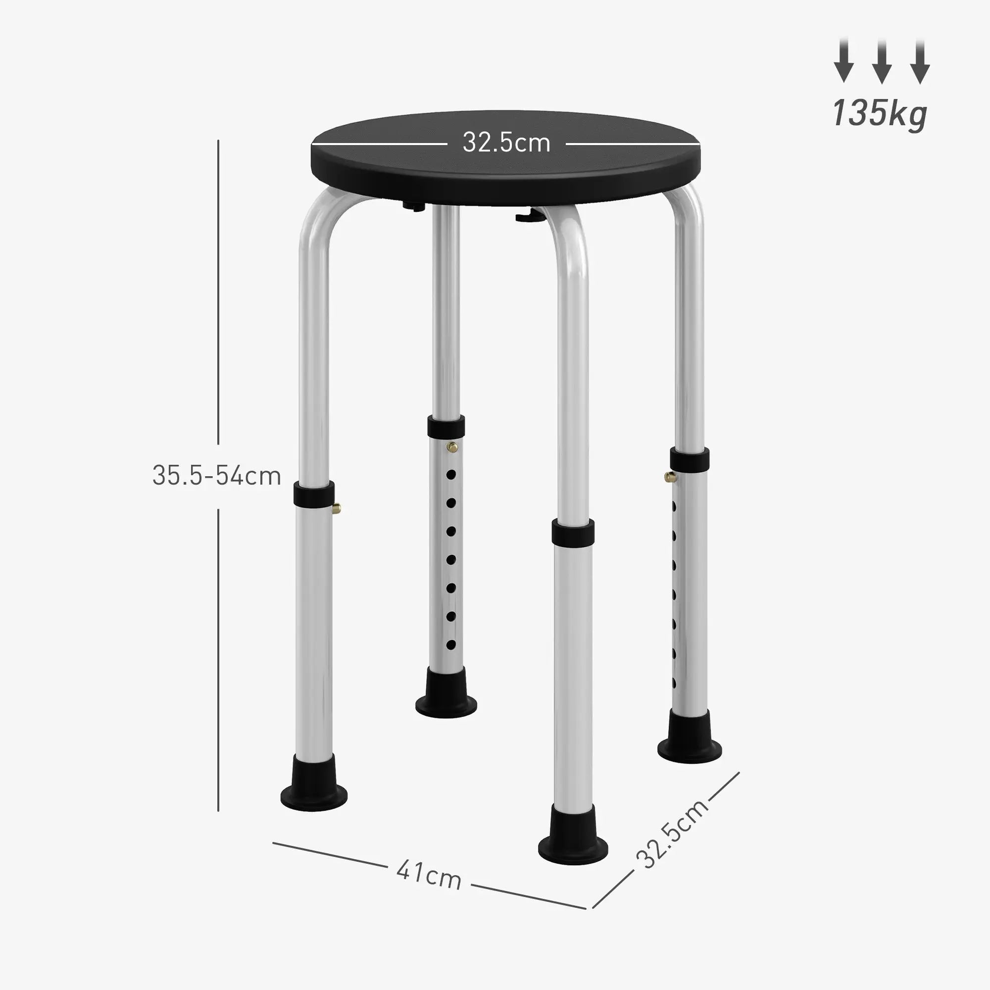 Adjustable height black shower stool with aluminium legs and non-slip rubber feet to prevent water damage