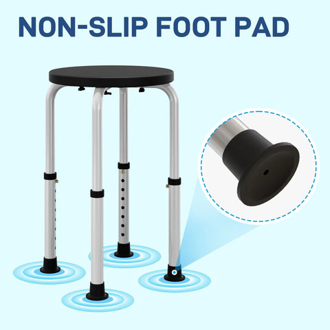 Silver metal-framed homcom shower chair with height adjustable black seat and non-slip suction pads to prevent water damage
