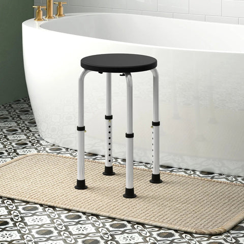 Black HOMCOM shower stool with silver adjustable aluminum legs and non-slip suction pad feet in front of white bathtub