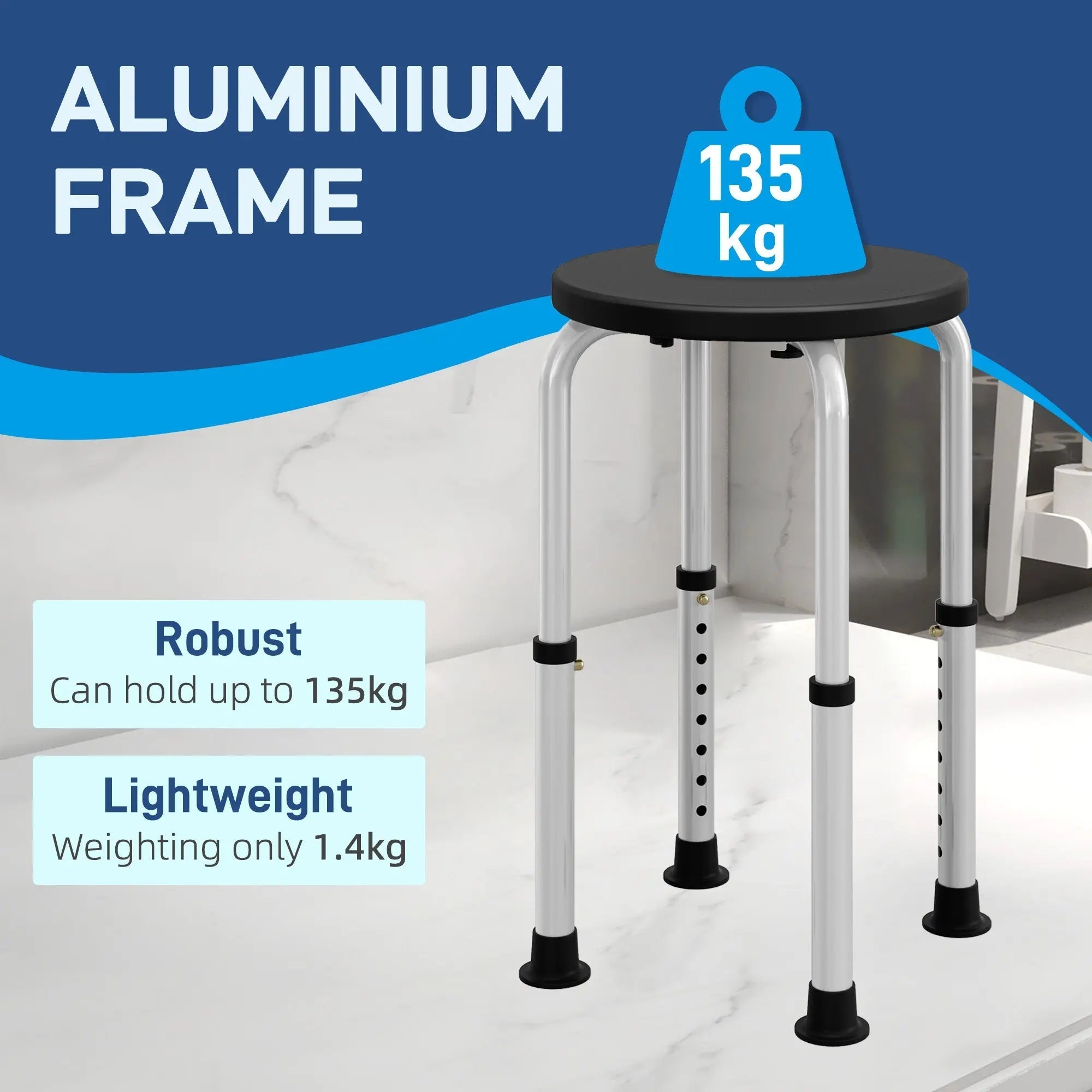 Homcom height adjustable aluminium shower stool with black seat and non slip suction pads to prevent water damage