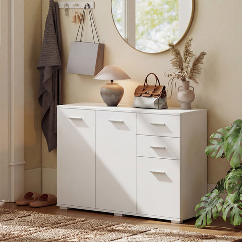 White modern HOMCOM sideboard with clean white design, large cupboard, 2 drawers, 3 doors, and five-level adjustable shelf