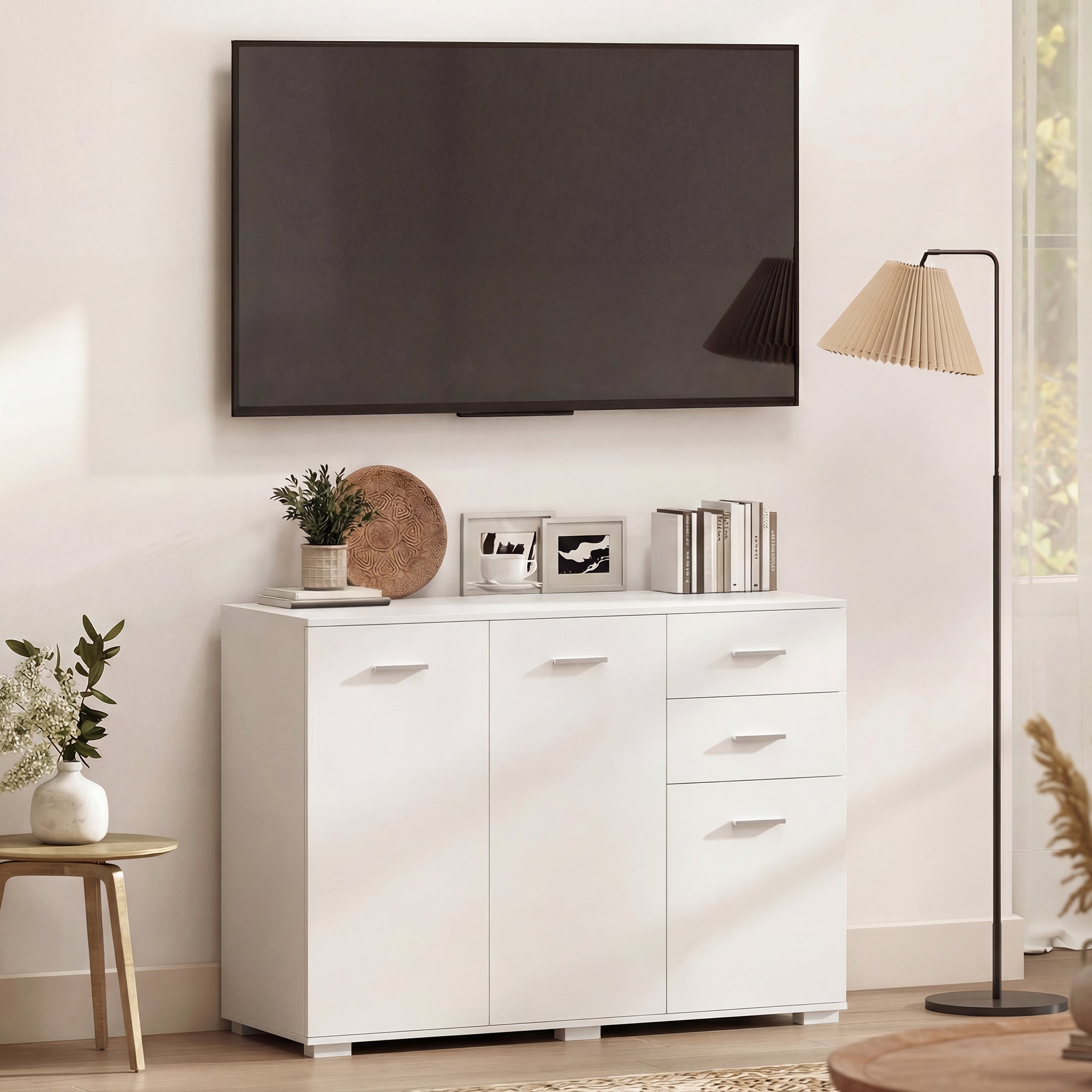White modern storage cabinet homcom with clean white design, two drawers, three doors, and five-level adjustable shelf