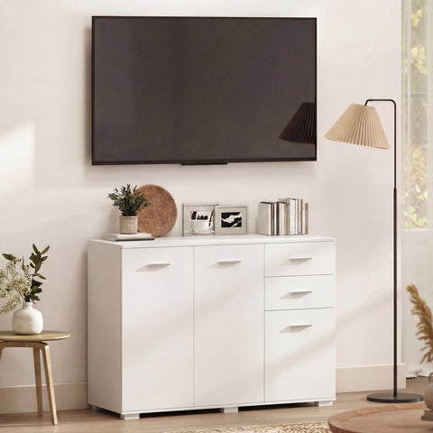 White modern storage cabinet homcom with clean white design, two drawers, three doors, and five-level adjustable shelf